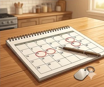 January calendar with dog license renewal deadlines circled in red next to a dog tag
