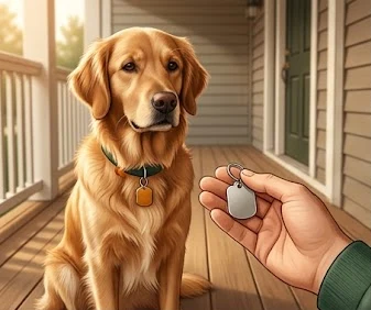 Person holding a dog license tag next to a golden retriever wearing a collar on a porch