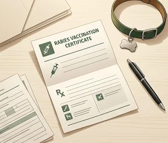 Rabies vaccination certificate and dog license tag documents laid out on a desk