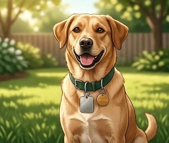 Happy golden retriever wearing a county dog license tag in a backyard