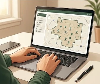 Person using a laptop to apply for a dog license online through a county portal